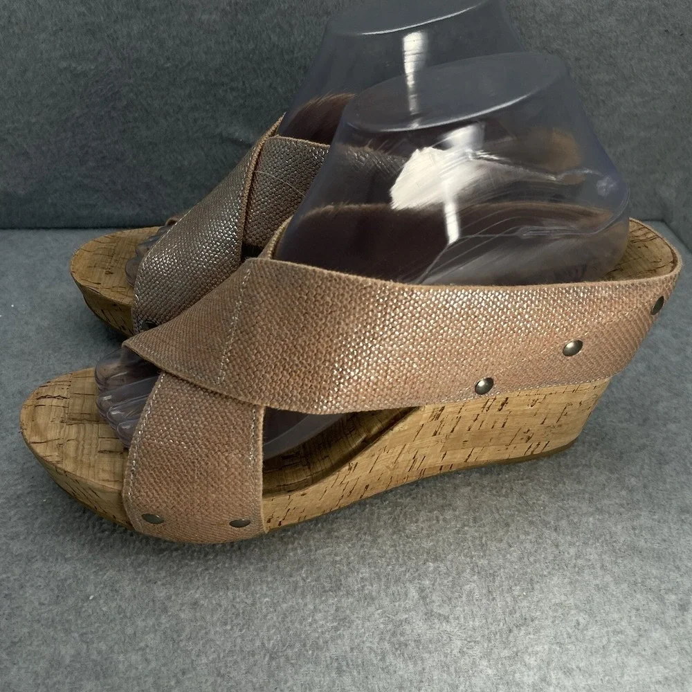 Lucky Brand Miller 2 Women's 10 US Cork Wedge Slip On Sandals Peach Metallic